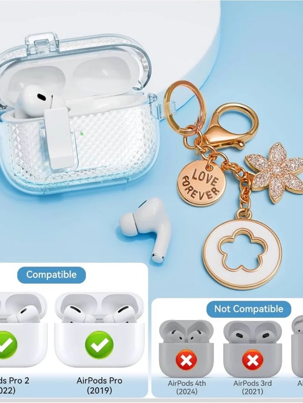 Joremx Clear AirPods Pro 2nd/1st Case with Rose Gold Keychain new